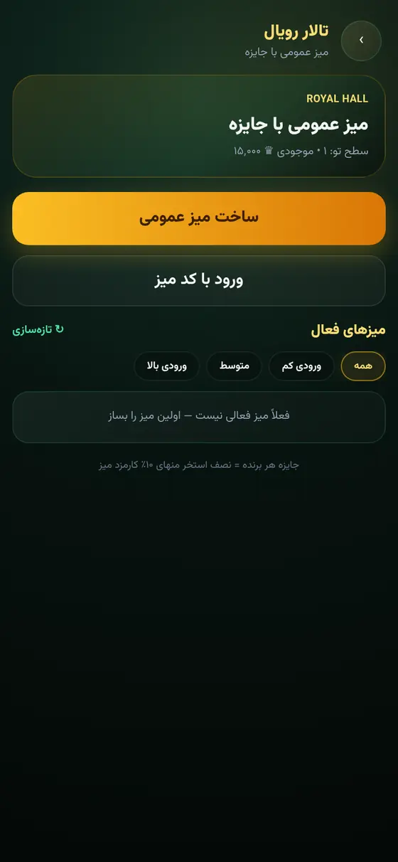 تالار رویال و لیست میزهای عمومی بازی حکم